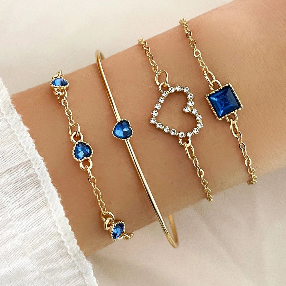 luckacco 4pcs/set fashionable snake imitation gemstone bangle rhinestone full metal bracelet set for women's jewelry birthday party gifts