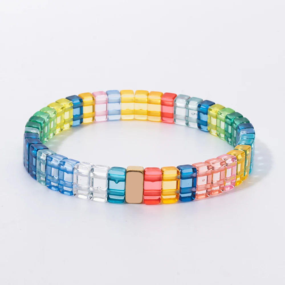 luckacco 4x8mm crystal acrylic bangle for women handmade rainbow color elastic bracelets