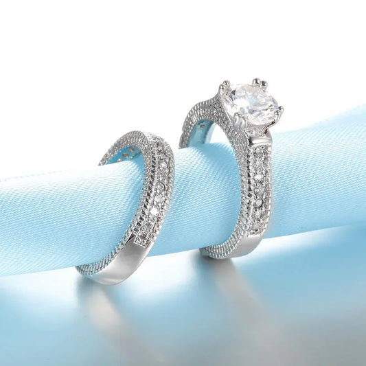 Luckacco Elegant Wedding Engagement Couple Rings Set 925 Sterling Silver Color Anniversary Accessory With Full Shiny Cubiz Zircon Stone