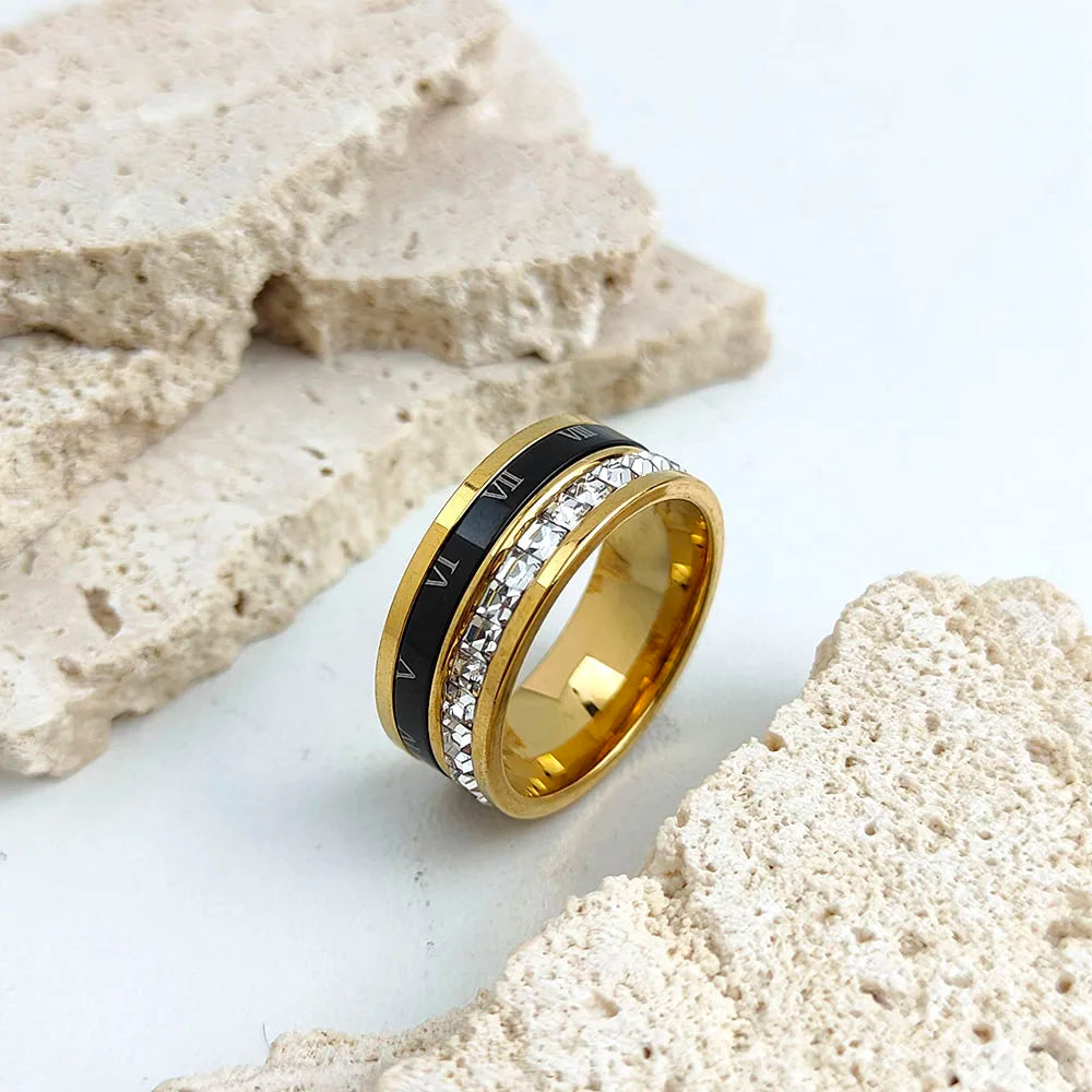 luckacco stylish and charming stainless steel gold-plated men's ring, simple roman numeral zircon women's ring, wedding party jewelry