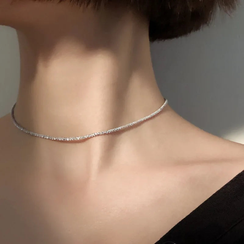 luckacco s925 sterling silver necklace 2mm sparkling collarbone, sweater chain, high charm jewelry gift women