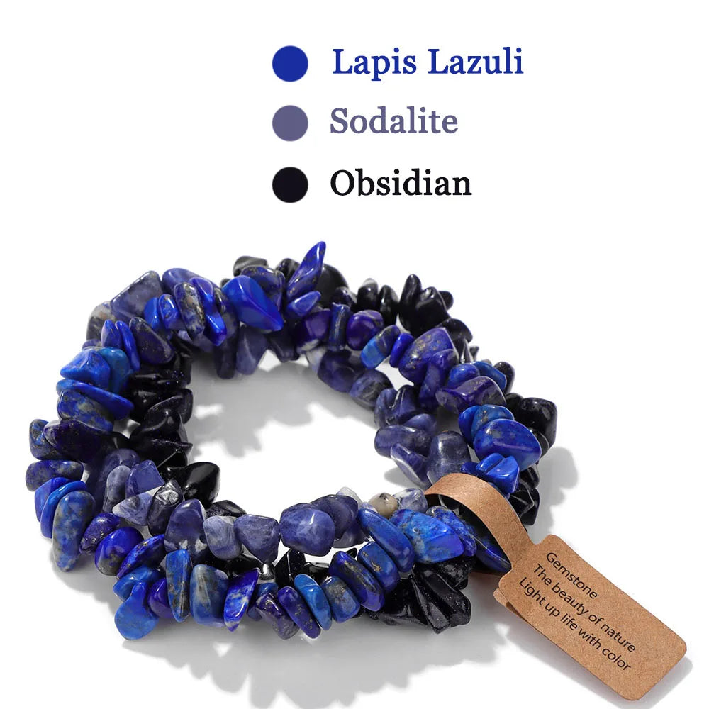 luckacco 3pcs natural chip stone bracelet set irregular fluorite quartzs stretch bracelet with tag healing jewelry gifts for women men