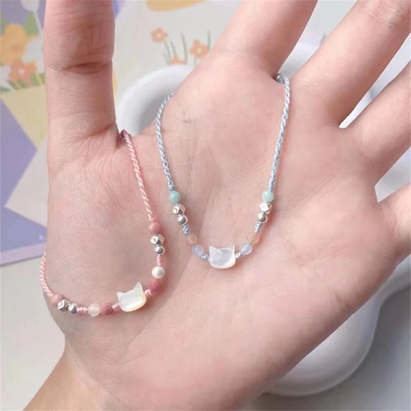 luckacco handmade 2pcs couples cute cat bracelet unique stylish hand rope for women men beaded woven bracelet wrist jewelry gifts