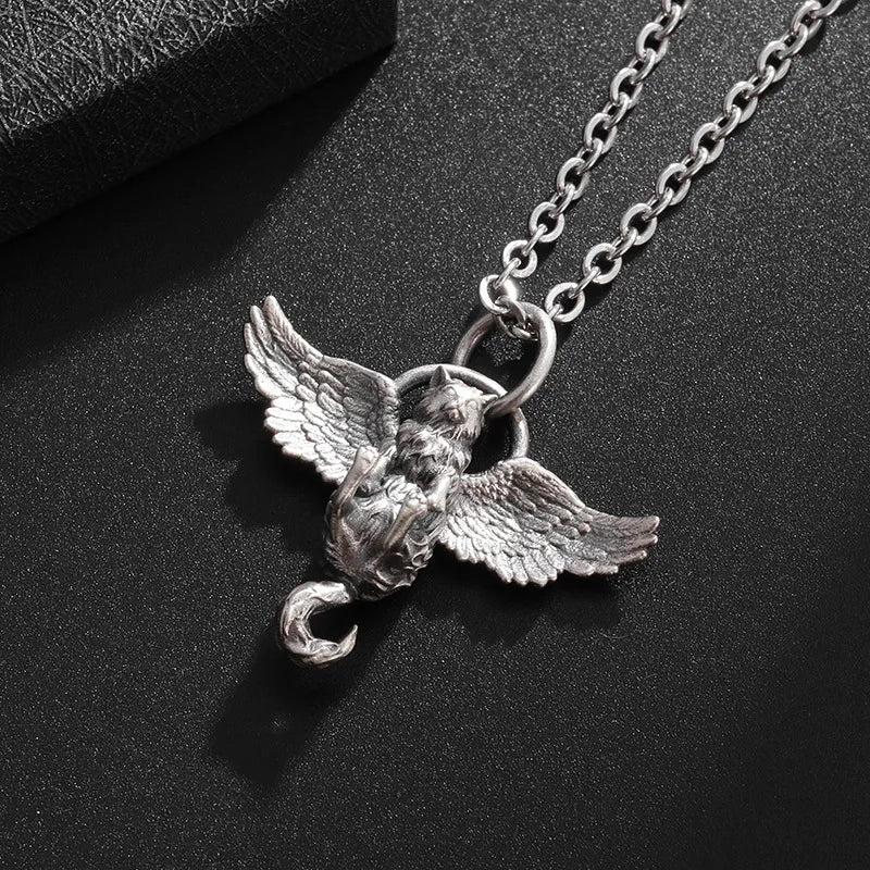 luckacco classic retro silver plated cute pet wing cat pendant necklace for men women fashion personalized clavicle chain jewelry gifts