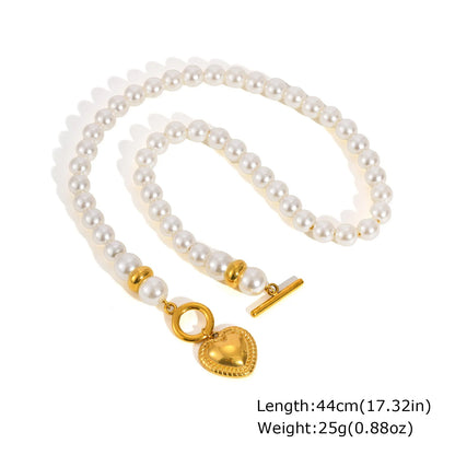 Luckacco High Quality Imitation Pearl Beaded Necklace, Stainless Steel OT Buckle Heart Pendant Choker, Luxury Statement Jewelry for Women