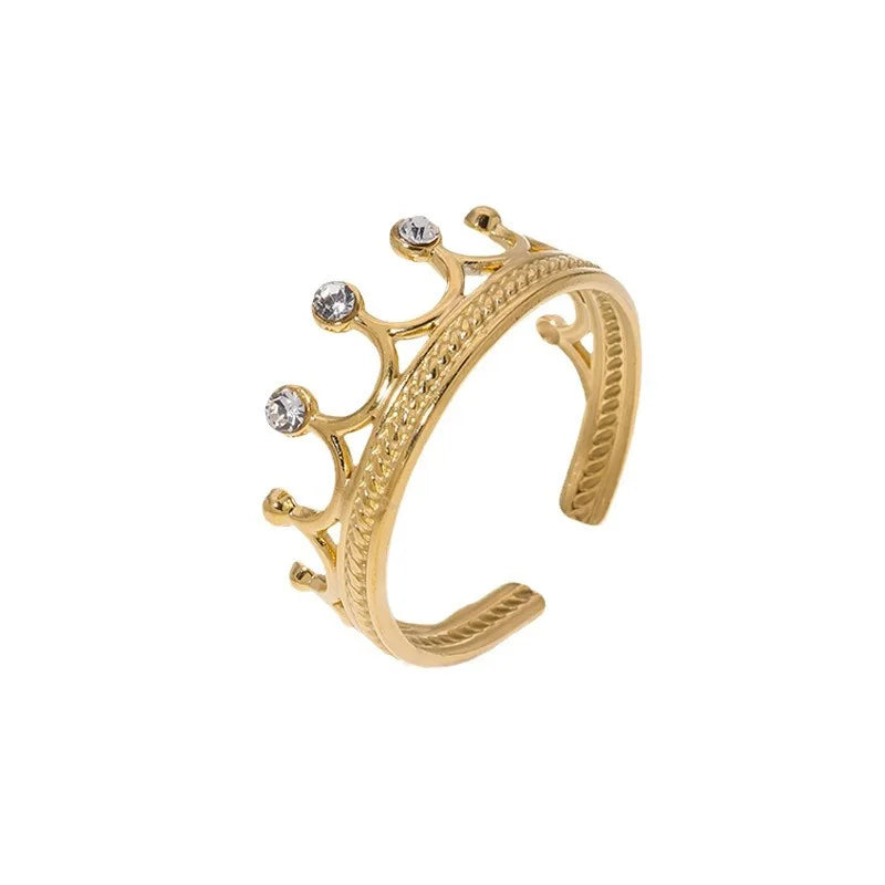 luckacco luxury trendy gold color stainless steel zircon crown couple rings for women men charm party finger jewelry colorfast gift