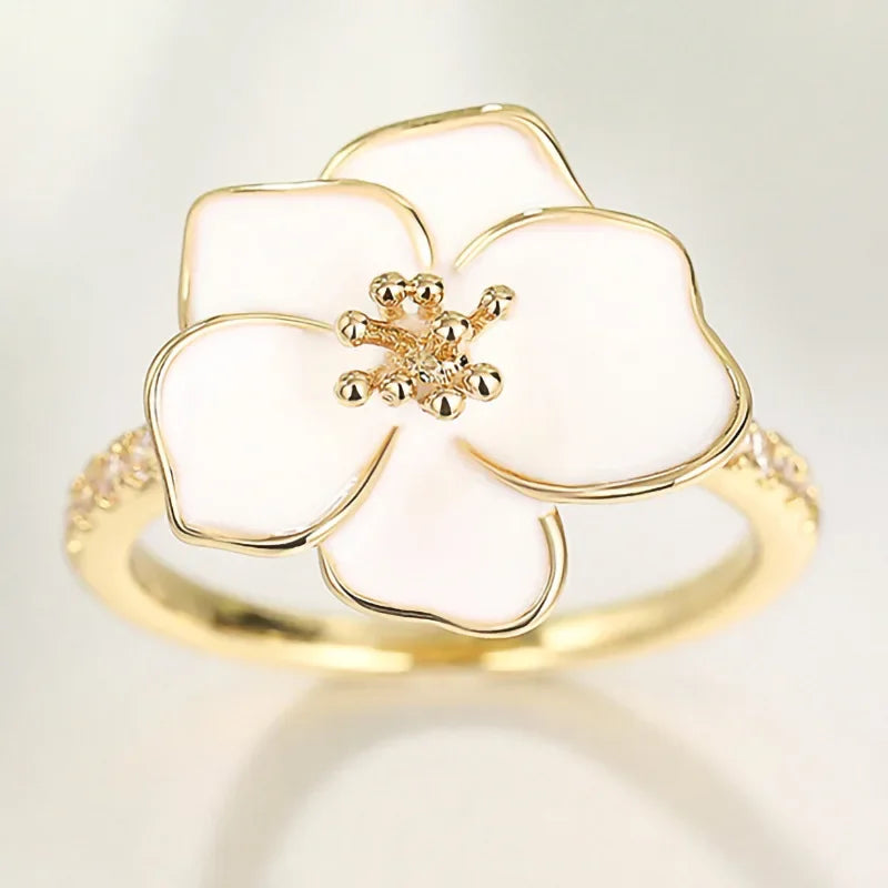 luckacco 2025 new rural style design: camellia ring with women's micro inlaid zircon flowers, fashionable and sweet jewelry accessories