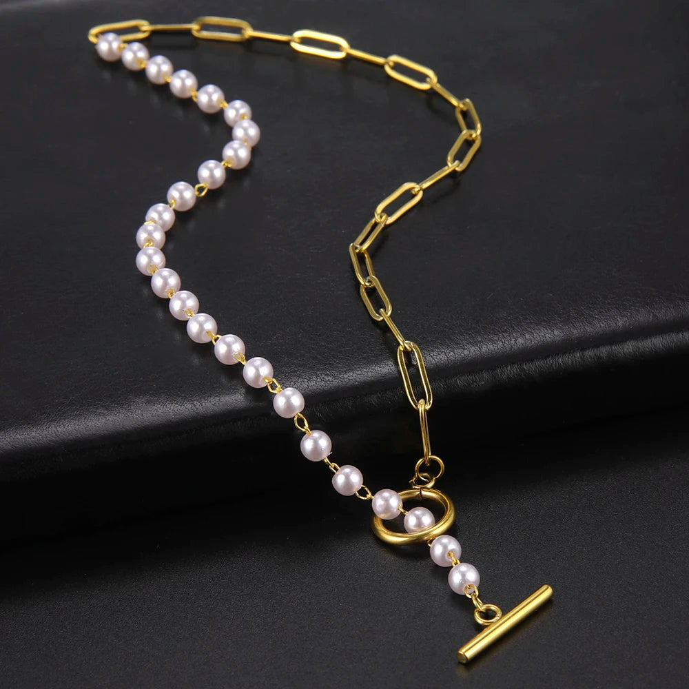luckacco unift paperclip ot buckle pearl necklace choker half pearl half chain gold plated necklace fashion boho wedding jewelry women