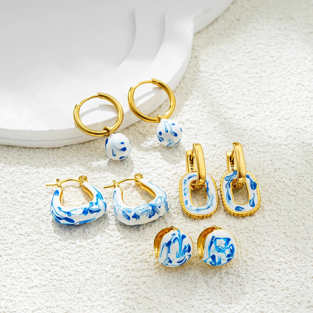 luckacco vintage white&blue flower enamel beads hoop earrings for women gold plated stainless steel huggies earring creative jewelry gift