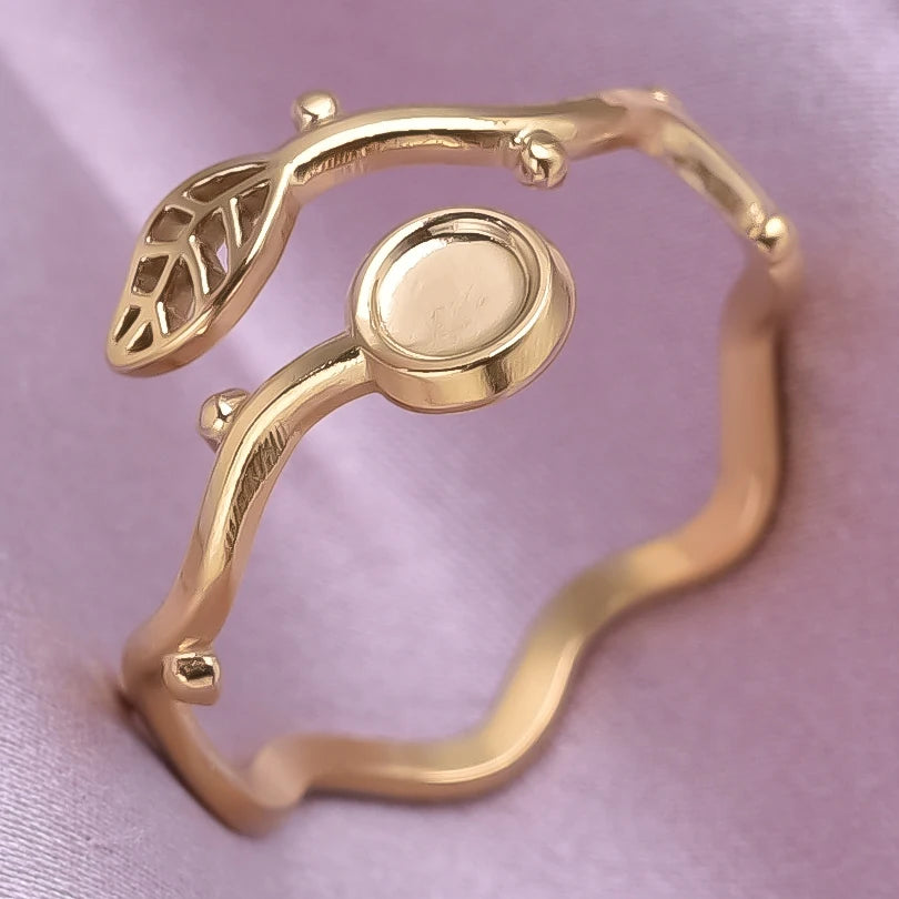 luckacco oval square leaf heart sun base open adjustable ring diy rhinestone oil drop stainless steel rings for women men jewelry bagues