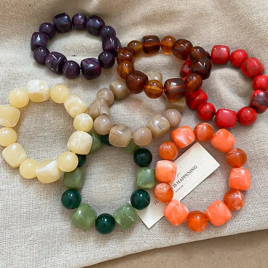Luckacco Women's Bracelet with Square and Round Acrylic Beads; Simple European and American Inspired Design, Korean Fashion Accessory