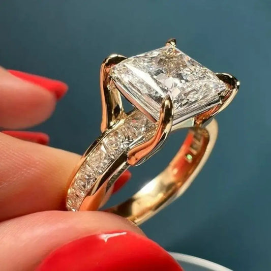 Luckacco Luxury Fashion Rings for Women Silver Color Square Princess Cut Metal Inlaid White Zicron Stones Ring Wedding Jewelry