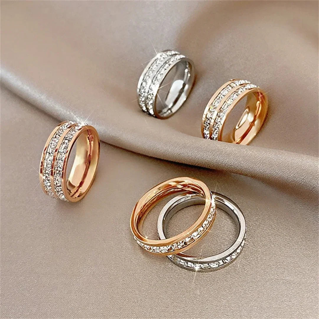 luckacco luxury rose gold double rowed square zircon stainless steel ring women's romantic engagement wedding party jewelry women gift