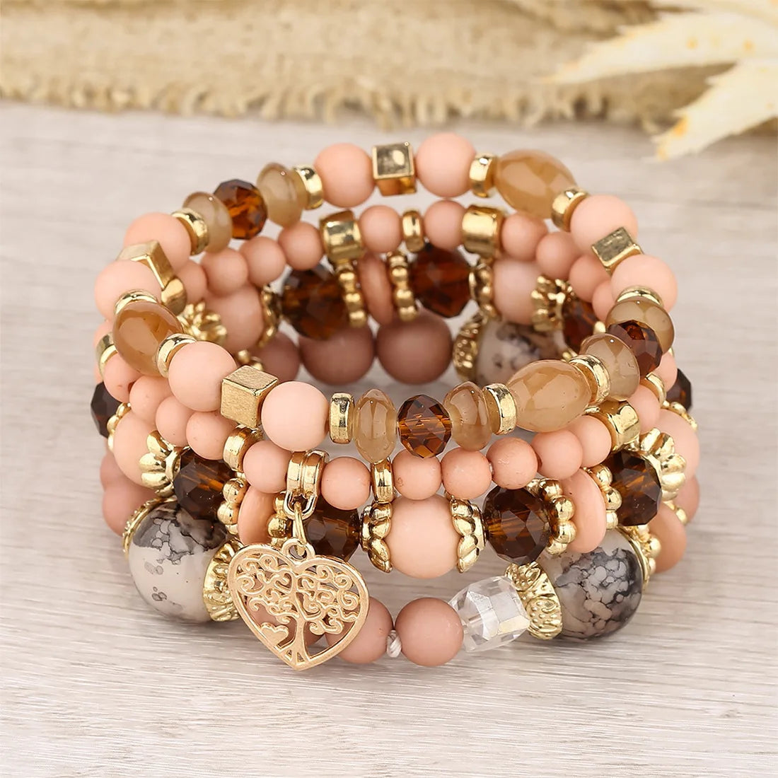 luckacco new acrylic beads chain bracelet set for women tree of life charm elastic bangle female bohemian jewelry accessories