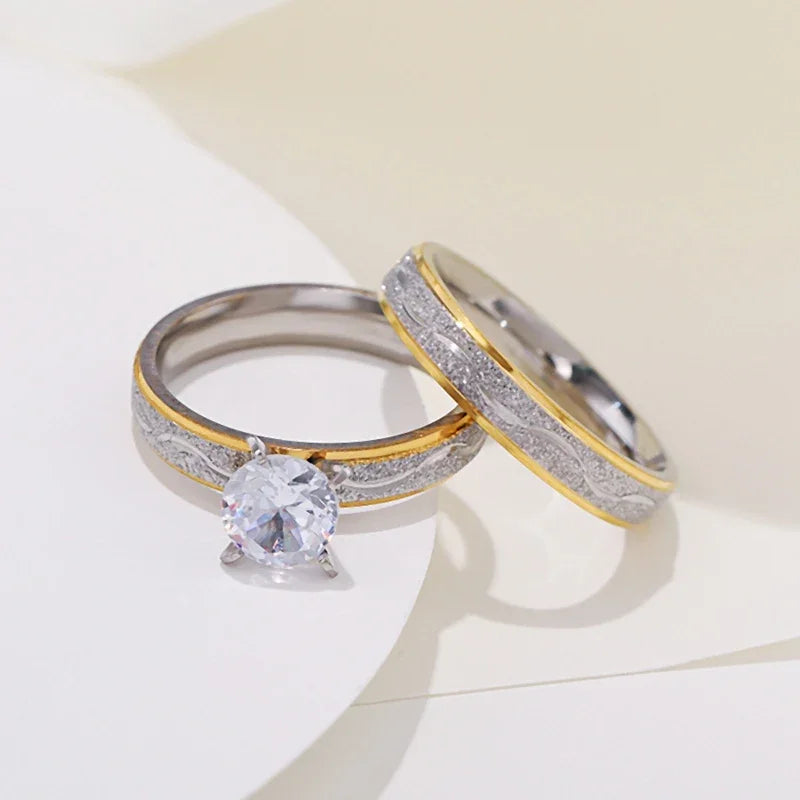 luckacco 4mm couple lover engagement rings for women men stainless steel ring with zircon korean style jewelry for wedding wc033