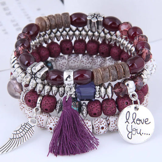 Luckacco elite Bohemian Multicolor Pink Crystal Beads Bracelets Women Girls Elastic Tassel Wing Letters Rope Bracelet Pulseira Feminina