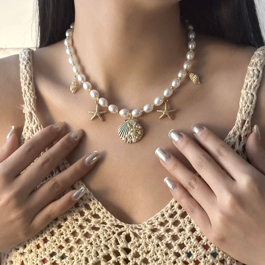 Luckacco Trendy Boho Imitation Pearl Metal Necklace Pendant for Women Ocean Shell Starfish Conch Choker Necklace Beach Jewelry Gift