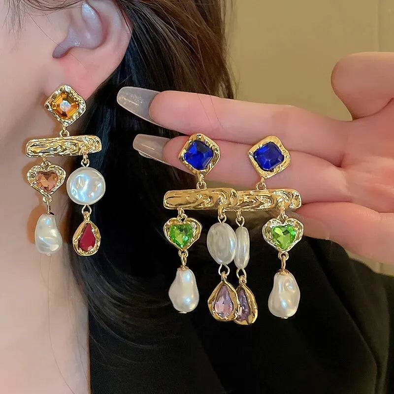 luckacco inlaid rhinestone asymmetrical pearl earrings for women palace style retro fringe drop earring exaggerated jewelry