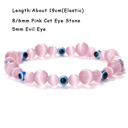 Luckacco Natural Cat Eye Stone Bracelet & Bangle for Women Brief White Pink Opal Beads Yoga Balance Jewelry Lucky Wristband Handmade Gift