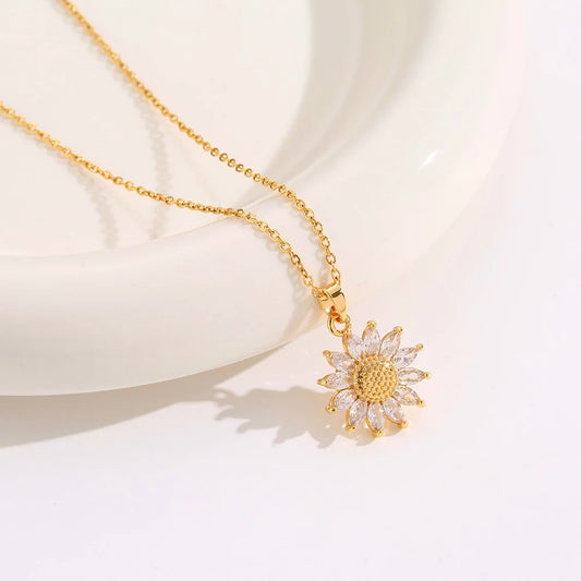 Luckacco Classic Sunflower Cubic Zirconia Pendant Necklaces For Women Gold Color Alloy Rotate Necklace Daily Jewelry Gold Color A