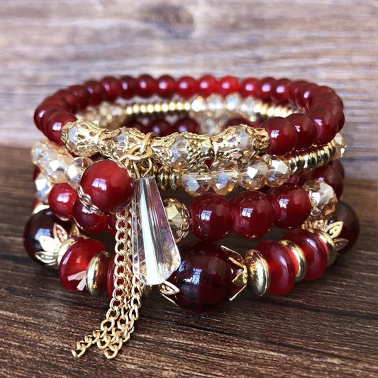 Luckacco 4 pieces/set Bohemian crystal tassel multi-layer elastic rope bracelet, handmade beaded bracelet, women's fashion accessories