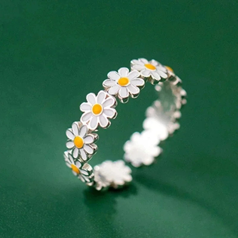 luckacco vintage daisy flower rings for women style adjustable opening finger ring bride wedding engagement statement jewelry