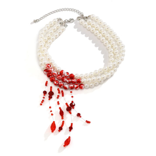 Luckacco Multilayer Vintage Red Blood Pattern Imitation Pearl Tassel Pendant Necklace for Women Goth Crystal Bead Chain Halloween Jewelry
