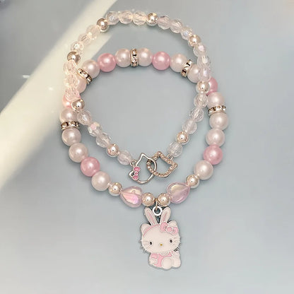 Luckacco 2PCS Kawaii Hello Kitty Bracelet Set Sanrio Crystal Beads Jewelry Gift for Girls Cute Anime Pendant Accessory