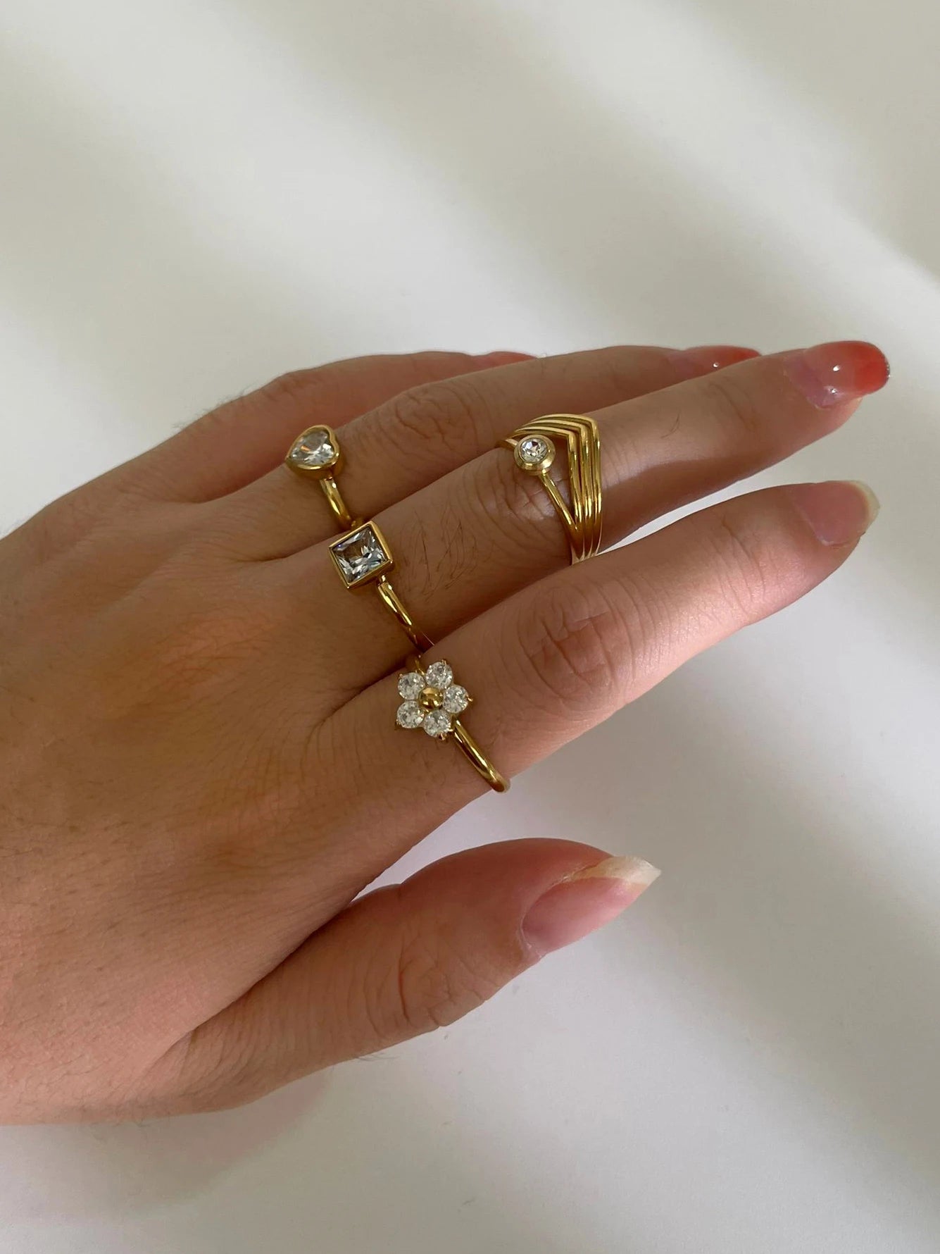 luckacco peri'sbox anti-tarnish white rhinestone square heart flower open rings women trendy multi-layer v-shaped ring wedding party gift