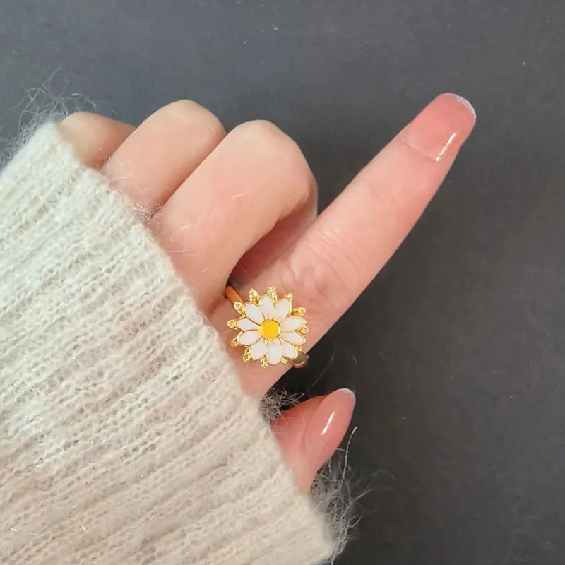 luckacco fashion fidget spinner ring anxiety for women multiple crystal sunflower finger rings rotate anti stress jewelry wedding gift
