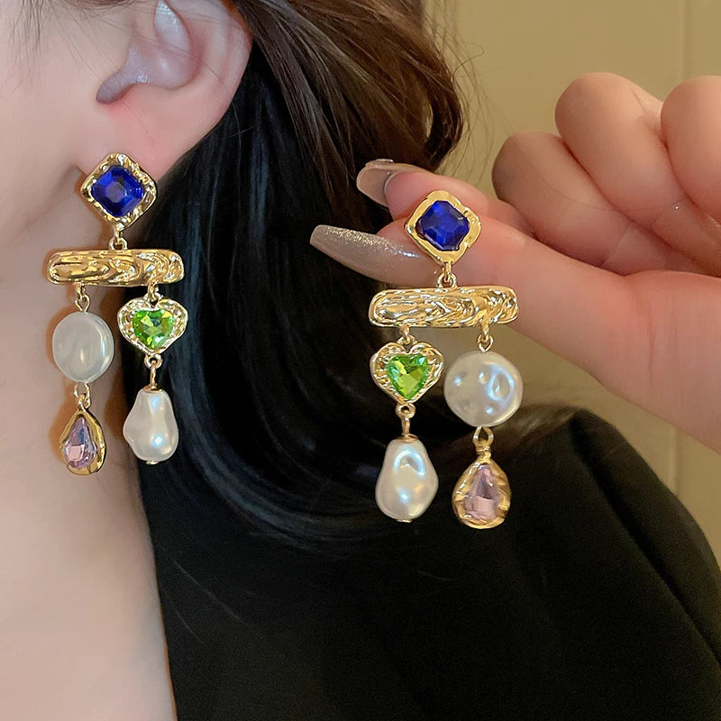 luckacco inlaid rhinestone asymmetrical pearl earrings for women palace style retro fringe drop earring exaggerated jewelry
