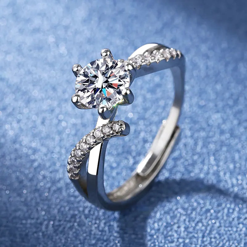 luckacco light luxury sweet s925 sterling silver and white gold moissanite ring female six-claw wedding ring