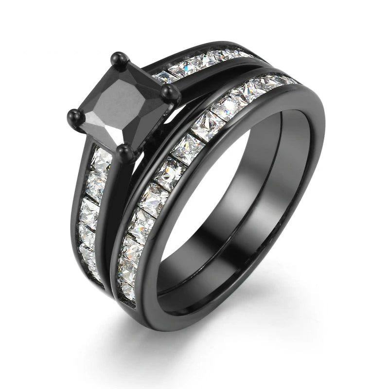 luckacco fashion couple rings romantic white rhinestones cz women rings set simpe men's stainless steel rings for couple wedding jewelry
