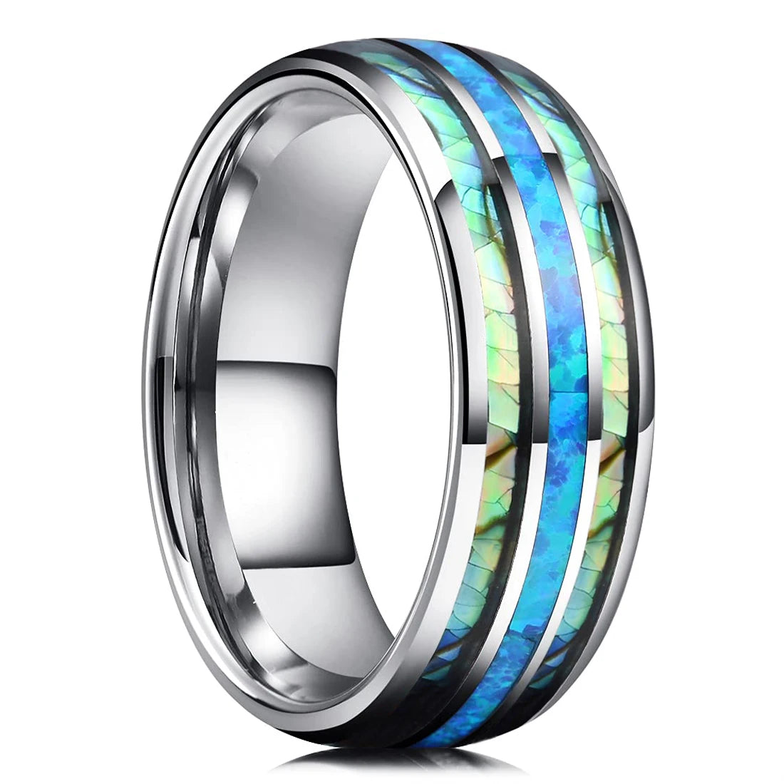 luckacco fashion 8mm men stainless steel rings inlay meteorite abalone shell rings for men women wedding engagement band jewelry gift