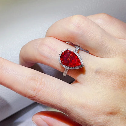Luckacco Luxury Pear Cut 5Ct Red Moissanite Diamond Ring 925 Sterling Silver Party Wedding Band Rings for Women Bridal Engagement Jewelry