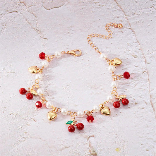 Luckacco Sweet Cute Red Strawberry Cherry Heart Pearl Charm Bracelet New Fashion Y2K Fruit Gold Color Chain Jewelry Party Gifts 2025