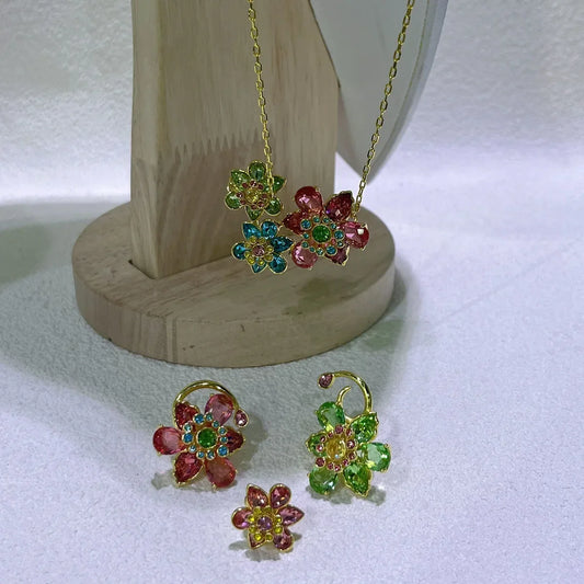 Luckacco Flower Crystal Boutique Irregular Original Jewelry Set New Color Earring Exquisite Necklace Ring Bracelet Wedding Gift for Women