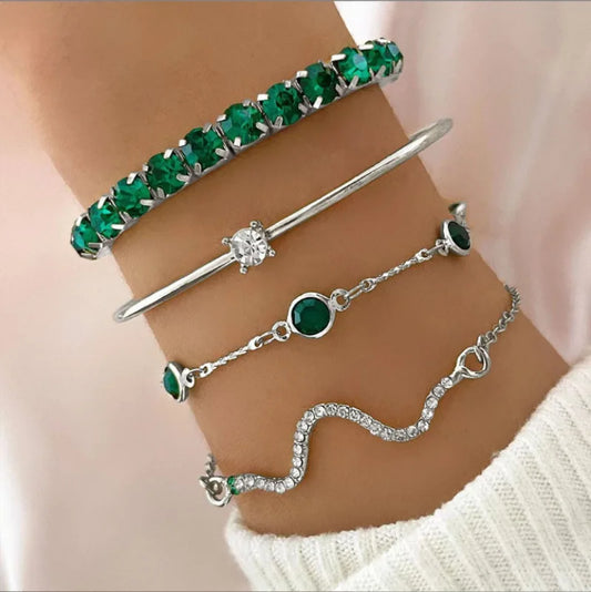 Luckacco 4Pcs/Set Fashion Snake Green Gemstone Bangle Rhinestone Full Metal Bracelets For Women Birthday Party Wedding Jewerly Gifts