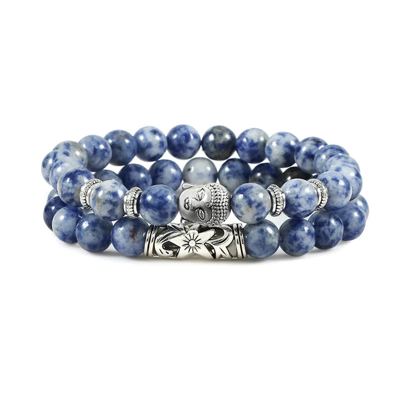 luckacco 2pcs/set buddha head bracelet for women men natural tiger eye lava stone yoga beads distance bracelets charm couple jewelry gift