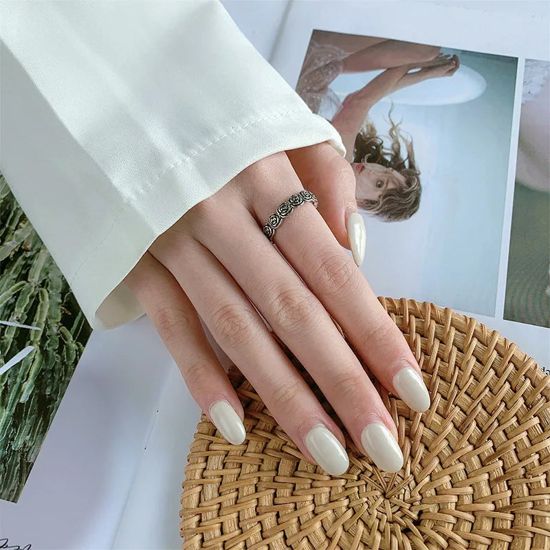luckacco hot sell fashion rose flower retro thai silver female finger ring promotion jewelry for women never fade gifts