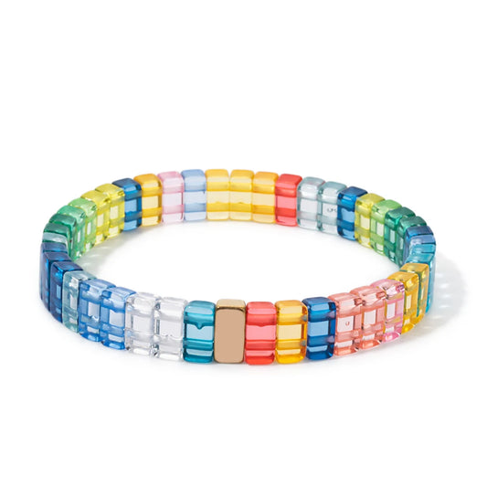 Luckacco 4x8mm Crystal Acrylic Bangle For Women Handmade Rainbow Color Elastic Bracelets