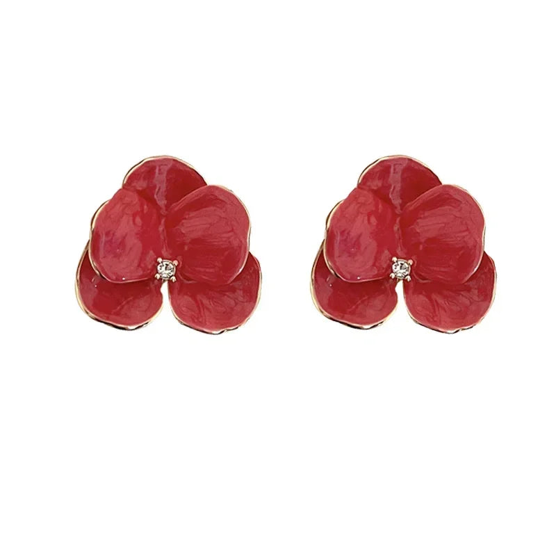 luckacco retro big flower stud earrings red blue enamel oil petal rhinestones earrings for women wedding party cute elegant jewelry gift