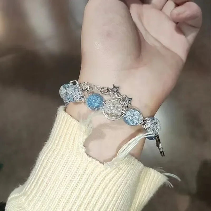 luckacco niche design star chain tassel bracelet for women fantasy blue crystal beads elastic rope bracelet best friend jewelry gifts