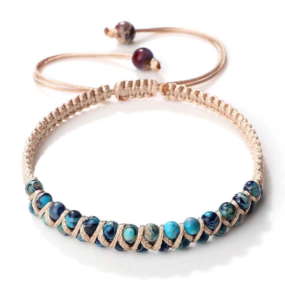 luckacco vintage 4mm natural stone beads bracelets & bangles for women men handmade adjustable braided rope chains meditation jewelry