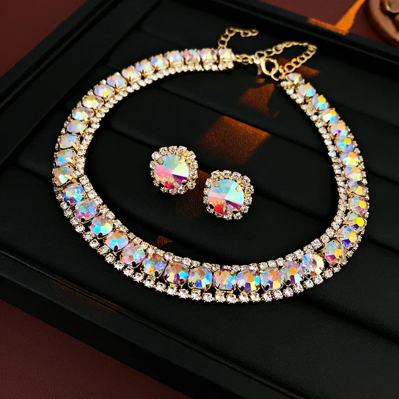 luckacco luxury green rhinestone necklace stud earrings for women crystal choker necklaces ladies fashion weddings banquet jewelry set