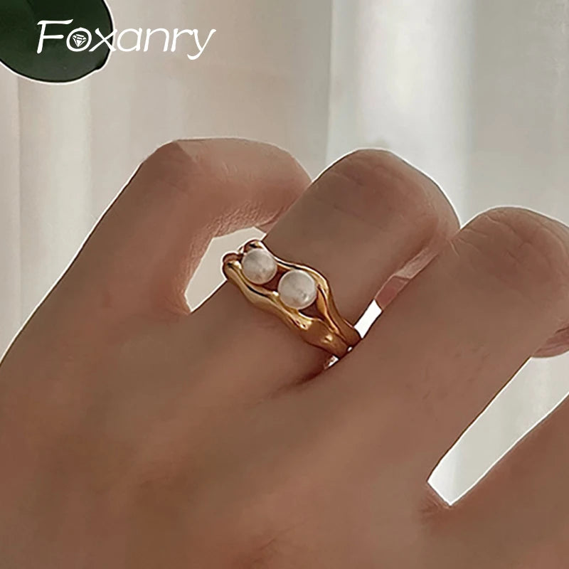 luckacco foxanry silver color pearl rings for women new fashion simple double-layered geometric handmade party jewelry gifts серьга
