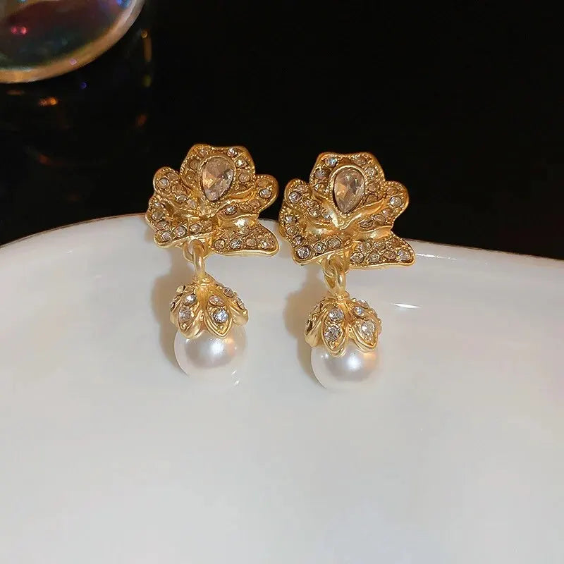 luckacco inlaid rhinestone asymmetrical pearl earrings for women palace style retro fringe drop earring exaggerated jewelry