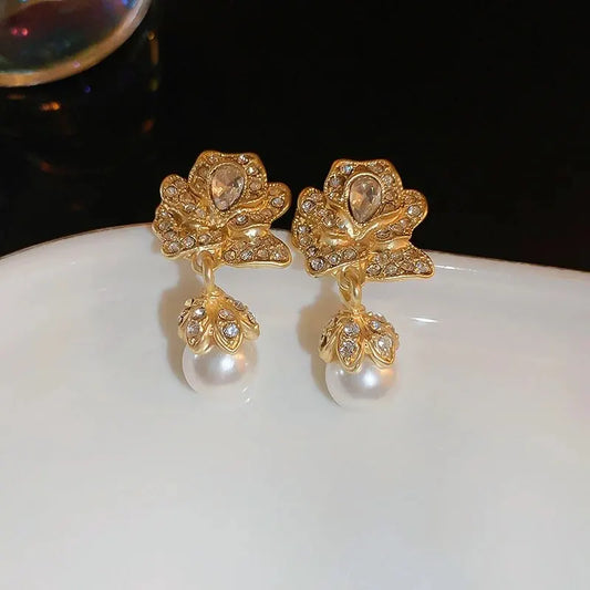 Luckacco Inlaid Rhinestone Asymmetrical Pearl Earrings for Women Palace Style Retro Fringe Drop Earring Exaggerated Jewelry