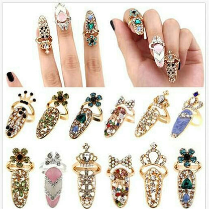 Luckacco Fashion Rhinestone Crown Flower Nail Ring Adjustable Opening Gold Plated Manicure Joint Ring for Women Party Jewelry