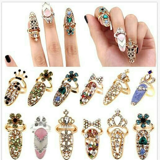 Luckacco Fashion Rhinestone Crown Flower Nail Ring Adjustable Opening Gold Plated Manicure Joint Ring for Women Party Jewelry